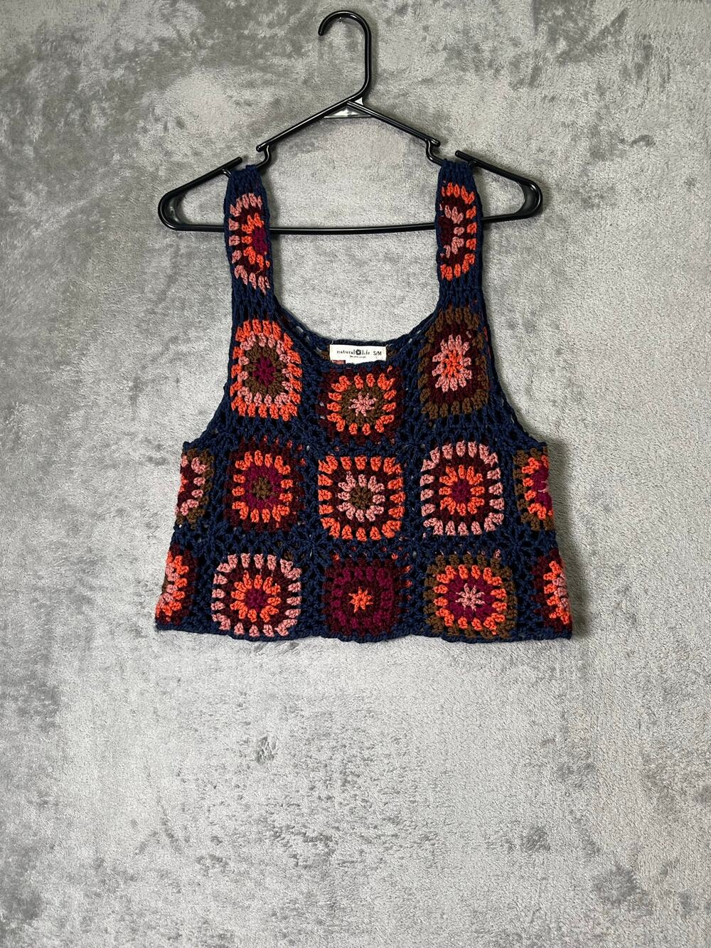 Natural Life Crochet Granny Square Tank Top Boho Hippie Festival Cottagecore S/M
